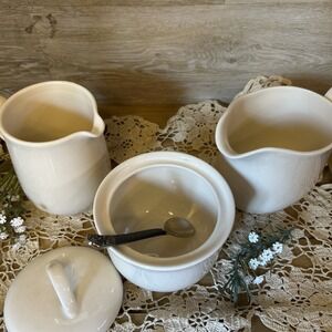 Vintage Corning NY Stoneware Creamer Sugar Bowl Set 2 Cream Pitchers Sandstone